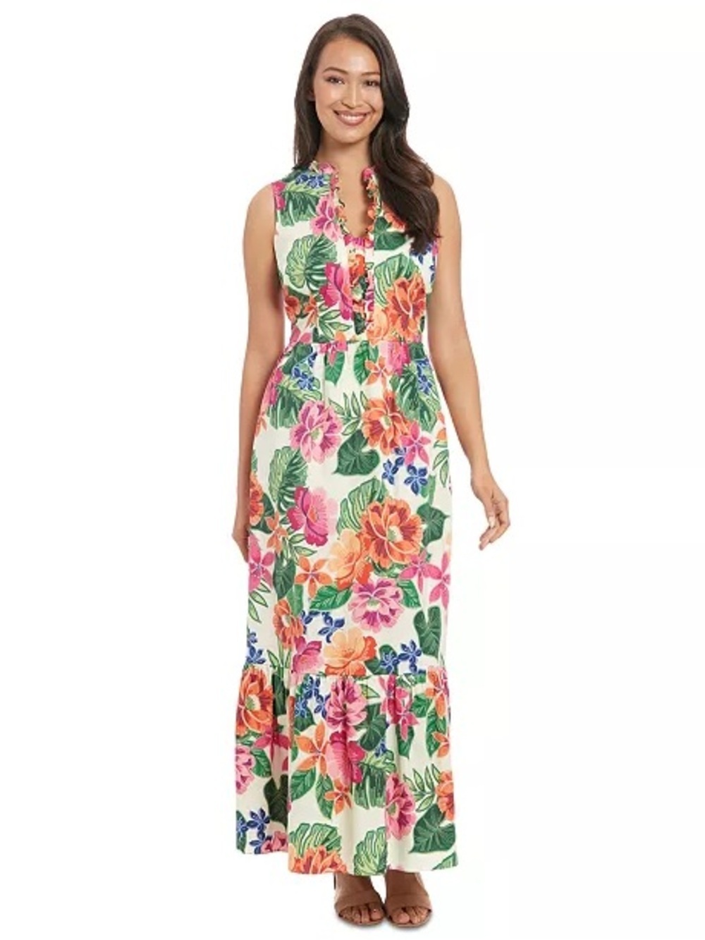 London Times Floral Print Maxi Dress in Cream, Pink, Green & Orange